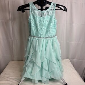 Vintage Emily West Girl Party Dress Green Lace Sequin Ruffle Layer Skirt Size 12